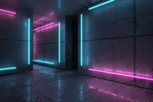 霓虹灯和蓝色霓虹灯在黑暗的房间里 未来派科幻现代内部带有灯光条纹 3D渲染 — 图库照片