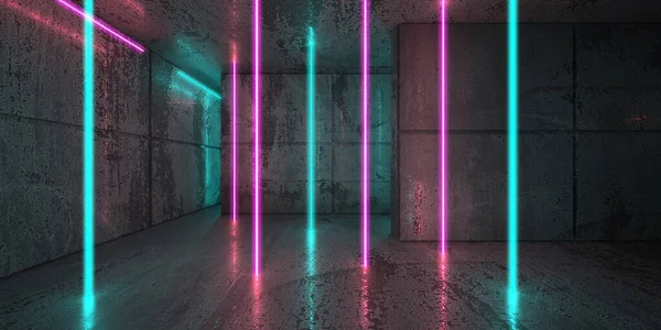霓虹灯和霓虹灯在黑暗的房间里发出光芒 未来派科幻发光灯 3D渲染 — 图库照片