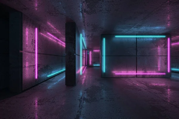 Rayos Neón Azul Habitación Oscura Futurista Sci Interior Moderno Con — Foto de Stock