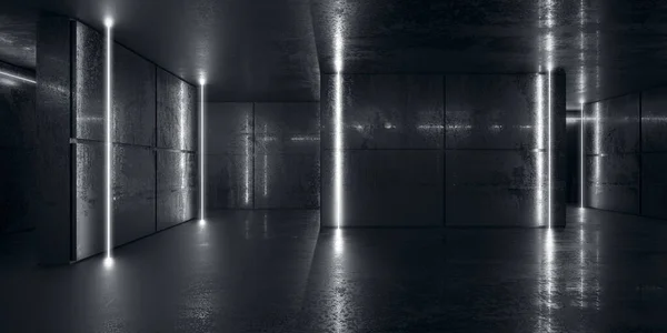 空の暗い部屋でネオン輝くラインライト コンクリートグランドガレージステージ3Dレンダリング — ストック写真