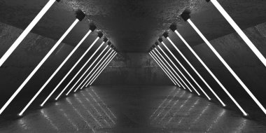 Karanlık odada neon ve neon ışıklar. Fütürist bilimkurgu parlayan ışıkları. 3d oluşturma