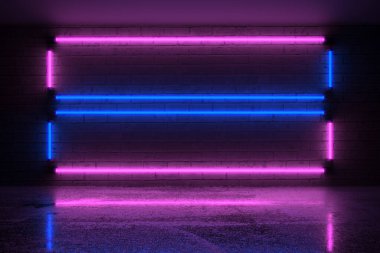 Kara Tuğla Duvarda Mor ve Mavi Neon Işıklar. 3d Hazırlama