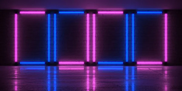 Purple Blue Neon Lights Dark Brick Wall Rendering — Stockfoto