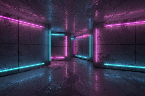 Neon Blue Neon Beams Dark Room Futuristic Sci Modern Interior — Stock Photo, Image