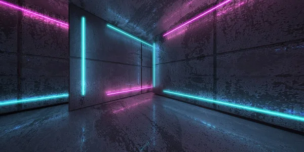 Neon and blue neon beams in dark room. Futuristic Sci-Fi modern interior with lights stripes. 3d rendering