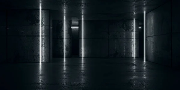 Neon Világító Vonal Fények Üres Sötét Szobában Beton Grunge Garázs — Stock Fotó