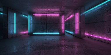 Karanlık odada neon ve neon ışıklar. Fütürist bilimkurgu parlayan ışıkları. 3d oluşturma