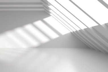 Minimalist oda alanı. Beyaz, temiz, içi boş bir mimari. 3d oluşturma