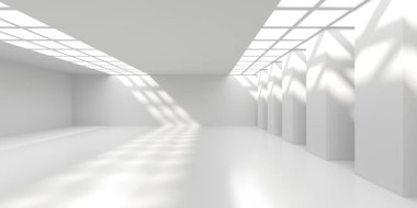 Minimalist oda alanı. Beyaz, temiz, içi boş bir mimari. 3d oluşturma
