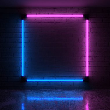 Kara Tuğla Duvarda Mor ve Mavi Neon Işıklar. 3d Hazırlama