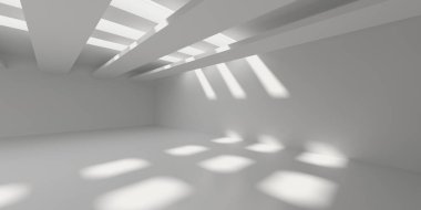 Minimalist oda alanı. Beyaz, temiz, içi boş bir mimari. 3d oluşturma