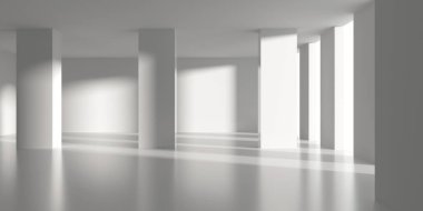 Minimalist oda alanı. Beyaz, temiz, içi boş bir mimari. 3d oluşturma