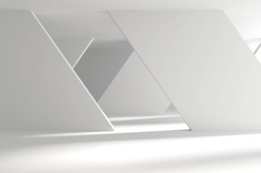 Minimalist oda alanı. Beyaz, temiz, içi boş bir mimari. 3d oluşturma