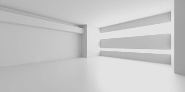 Minimalist oda alanı. Beyaz, temiz, içi boş bir mimari. 3d oluşturma