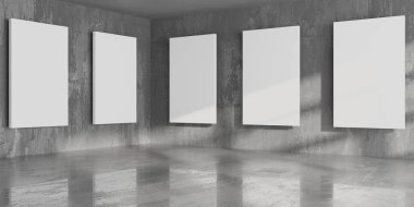 Boş resimli galeri odası. İçerisi soyut olarak boş. 3d oluşturma