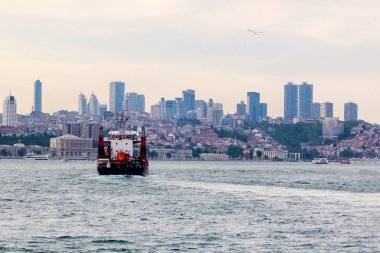 Kargo gemisi İstanbul 'da Golden Horn' da. Şehir görünümü
