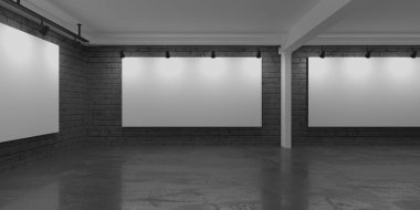 Modern sergi salonu iç mimarisi. Galeri odası arka planı. 3d oluşturma