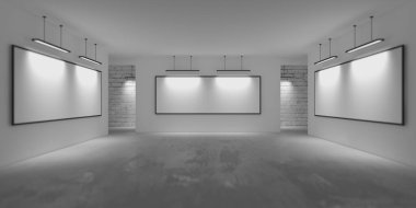Modern sergi salonu iç mimarisi. Galeri odası arka planı. 3d oluşturma