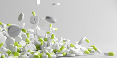 Eczacılık tıbbı. Antibiyotikle birlikte bir sürü kapsül hapı. 3d oluşturma