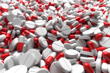 Farklı ilaç hapları antibiyotik hapları. Çoklu renk hapları ve hap kapsülleri. 3d oluşturma