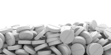 Eczacılık tıbbı. Antibiyotikle birlikte bir sürü kapsül hapı. 3d oluşturma