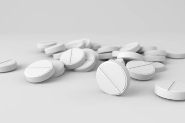 Eczacılık tıbbı. Antibiyotikle birlikte bir sürü kapsül hapı. 3d oluşturma
