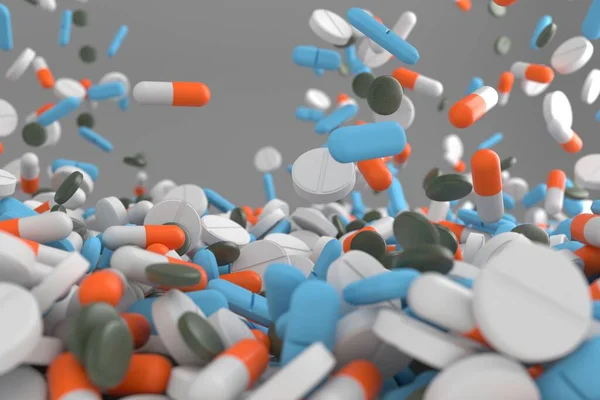 Medicamento Farmacéutico Montón Píldoras Cápsula Con Antibiótico Medicamento Renderizado —  Fotos de Stock