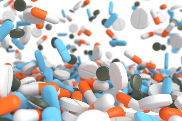 Таблетки Антибиотиками Многоцветные Таблетки Капсулы Таблетками Рендеринг — стоковое фото