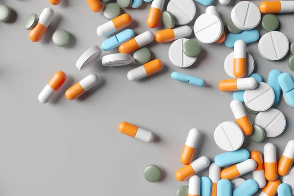 Medicamento Farmacéutico Montón Píldoras Cápsula Con Antibiótico Medicamento Renderizado — Foto de Stock