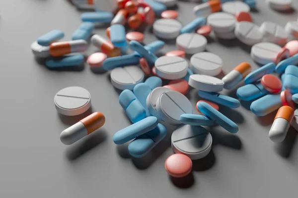 Medicamento Farmacéutico Montón Píldoras Cápsula Con Antibiótico Medicamento Renderizado —  Fotos de Stock
