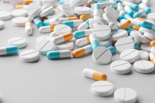 Diferentes Tabletas Medicamentos Píldoras Antibióticas Comprimidos Cápsulas Multicolores Renderizado —  Fotos de Stock