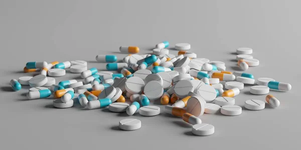 医薬品の薬だ 抗生物質とカプセル薬のヒープ 3Dレンダリング — ストック写真