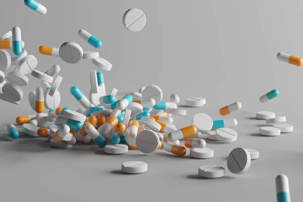 Montón Píldoras Medicinales Receta Medicamentos Para Medicamentos Tratamiento Renderizado — Foto de Stock