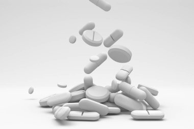 Eczacılık tıbbı. Antibiyotikle birlikte bir sürü kapsül hapı. 3d oluşturma