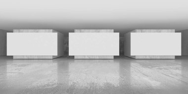 Sergi ya da galeri salonu. Soyut mimari alanı. Beton duvardaki boş poster. 3d oluşturma