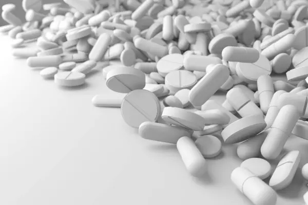 Medicamentos Diferentes Superfície Comprimidos Farmacêuticos Variados Renderização — Fotografia de Stock