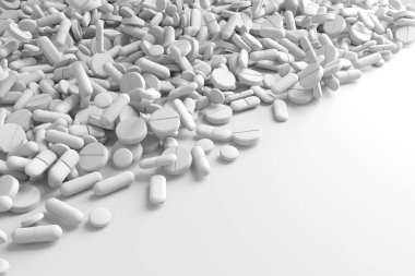 Yüzeyde farklı ilaçlar var. Çeşitli eczacılık hapları. 3d oluşturma