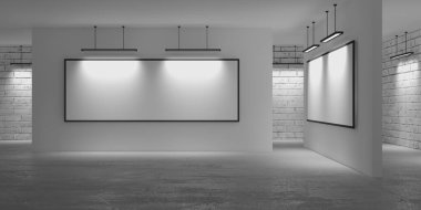 Modern sergi salonu iç mimarisi. Galeri odası arka planı. 3d oluşturma