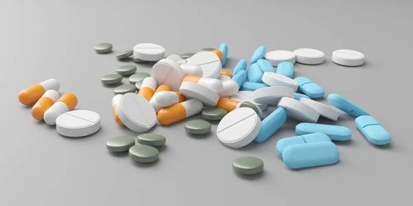 Medicinali Diversi Sulla Superficie Pillole Farmaceutiche Assortite Rendering — Foto Stock