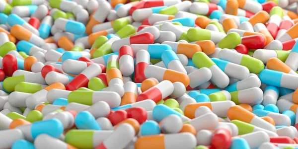 Soins Santé Pile Pilules Colorées Concept Médecine Rendu — Photo