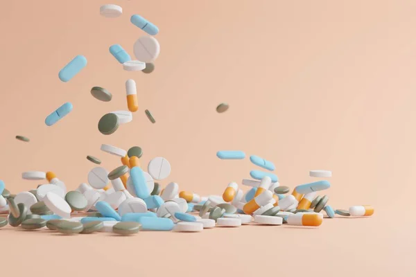 Diferentes Medicamentos Superficie Surtido Píldoras Farmacéuticas Renderizado —  Fotos de Stock