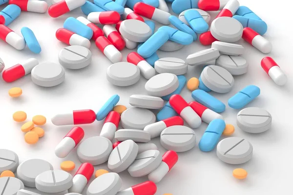 Diferentes Tabletas Medicamentos Píldoras Antibióticas Comprimidos Cápsulas Multicolores Renderizado — Foto de Stock