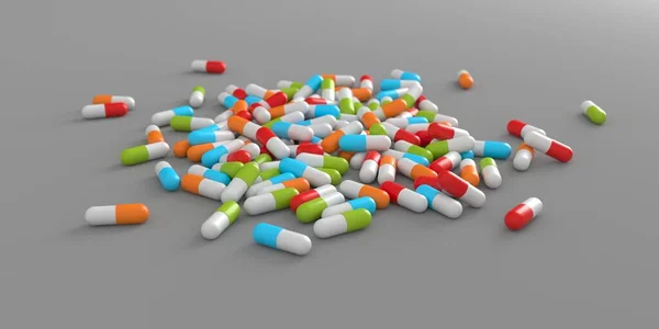 Различные Лекарства Поверхности Ассорти Фармацевтических Таблеток Рендеринг — стоковое фото