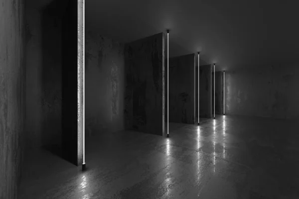 과파란 어두운 방에서 빛난다 줄무늬가 현대적 인테리어 렌더링 — 스톡 사진