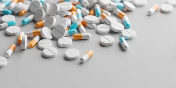 Medicamento Farmacêutico Heap Pílulas Cápsula Com Antibiótico Medicamento Renderização — Fotografia de Stock