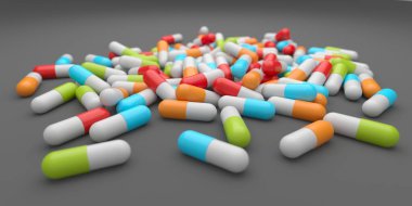 Yüzeyde farklı ilaçlar var. Çeşitli eczacılık hapları. 3d oluşturma