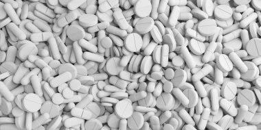 Yüzeyde farklı ilaçlar var. Çeşitli eczacılık hapları. 3d oluşturma