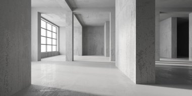 Soyut boş modern iç mekan. Beton duvarlar. Mimarlık geçmişi. 3d oluşturma