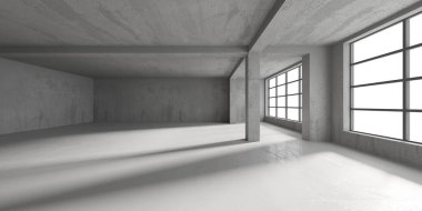 Soyut boş modern iç mekan. Beton duvarlar. Mimarlık geçmişi. 3d oluşturma