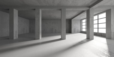 Soyut boş modern iç mekan. Beton duvarlar. Mimarlık geçmişi. 3d oluşturma